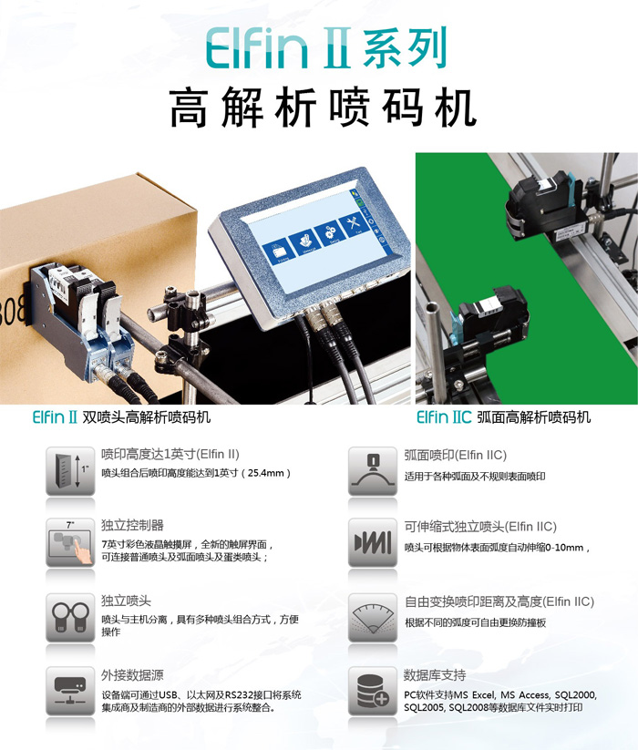 Elfin II双喷头高解析喷码机与Elfin IIC弧面高解析喷码系统机功能